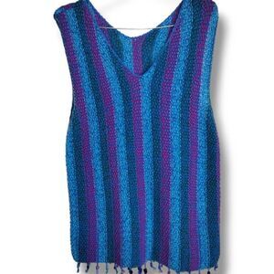 Handknit Pullover Vest Sz Medium VNeck Blue Stripes Hem Fringe Boho Preppy‎ Y2K